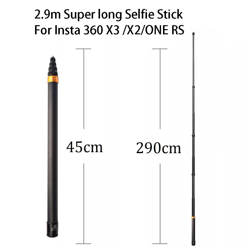 290cm sợi carbon Vô hình phiên bản mở rộng Selfie Stick cho Insta360 x3 / một x3 / một RS Phụ kiện cho GoPro Selfie Stick
