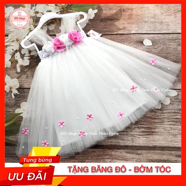 Đầm cho bé ️️ Đầm công chúa cho bé gái Trắng hoa hồng đính hoa nhí