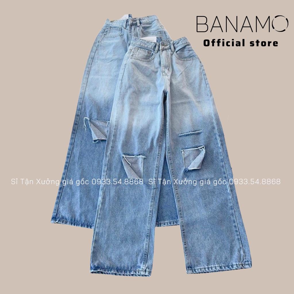 Quần jean nữ xuông rách gối loang màu đậm nhạt siêu đep thời trang Banamo Fashion bò xuông rách gối 9612