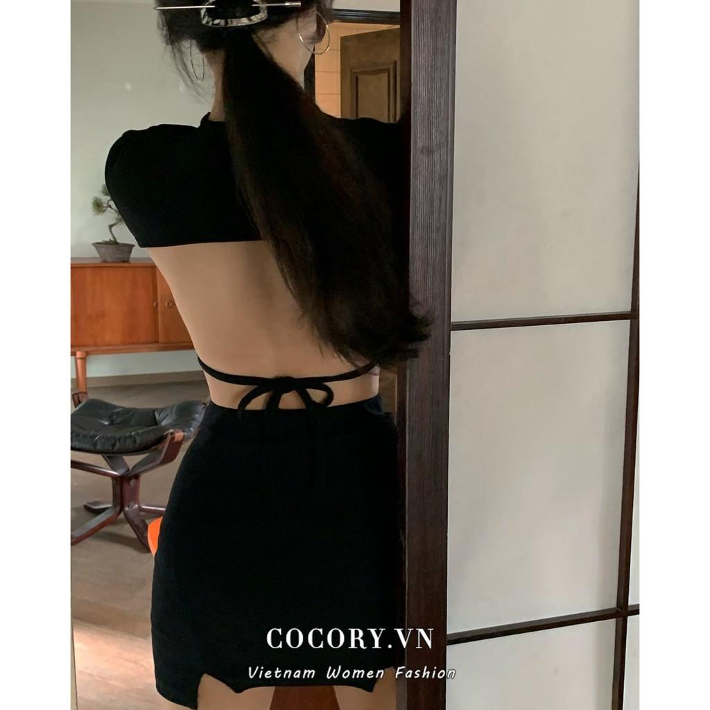 【Cocory】Korean Women Sexy Knit Backless Short-sleeved T-shirt+ High waist Buttocks Slim A word Mini Skirt Individual Sets