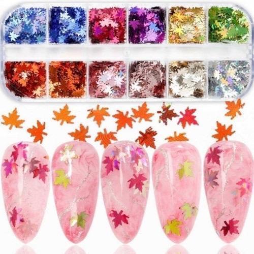 Set Kim Tuyến 12 Màu Lá Phong Bướm Sequin Làm Nail Siêu Lấp Lánh, Lá Thông Siêu Mỏng Dễ Đắp, Tạo Móng Sinh Động