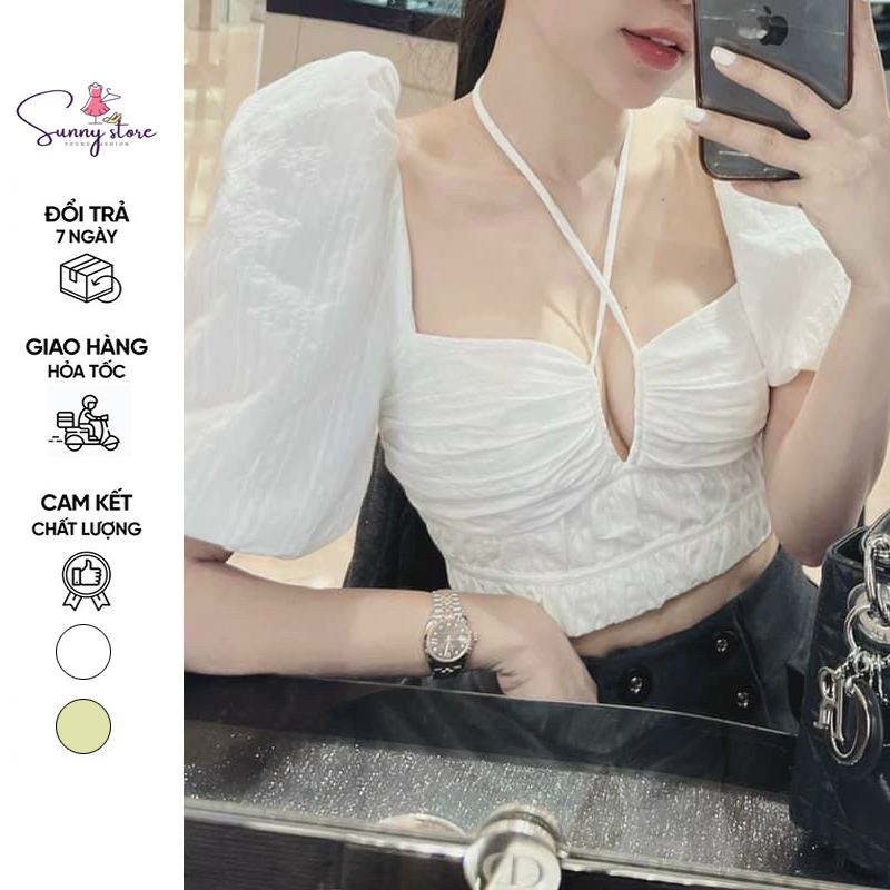 Áo croptop kiểu tay phồng, áo nữ body có mút