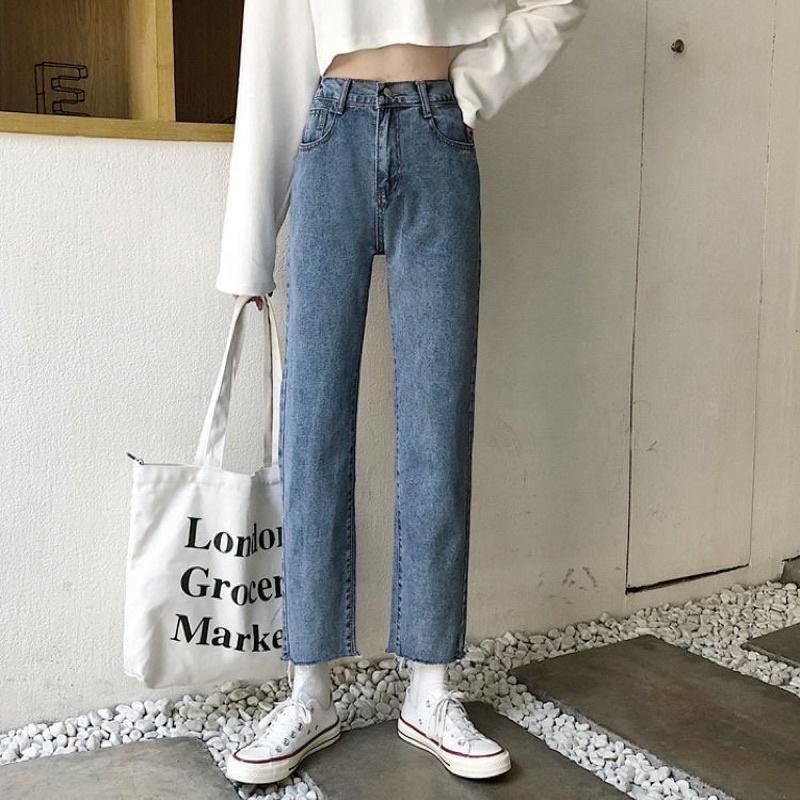 Quần bò nữ,quần jeans ống rộng lưng cao, vải bò dày dặn chuẩn Qc shop cam kết chất lượng 100%