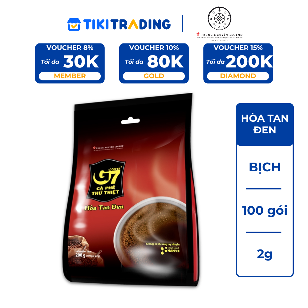 Trung Nguyên Legend - Cà phê G7 hòa tan đen ( không đường) - bịch 100 sachets 2gr