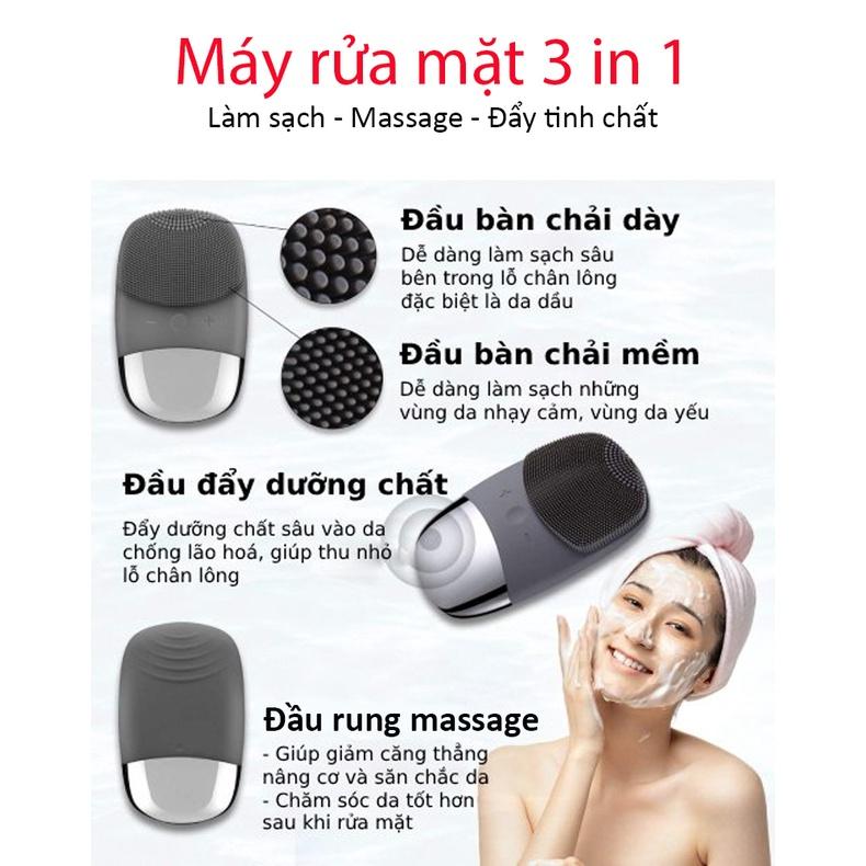 Máy rửa mặt sóng âm cầm tay 3 trong 1 BOORUI 03 : Rung 5 cấp độ massage, đẩy tinh chất, làm sạch sâu và trẻ hóa làn da