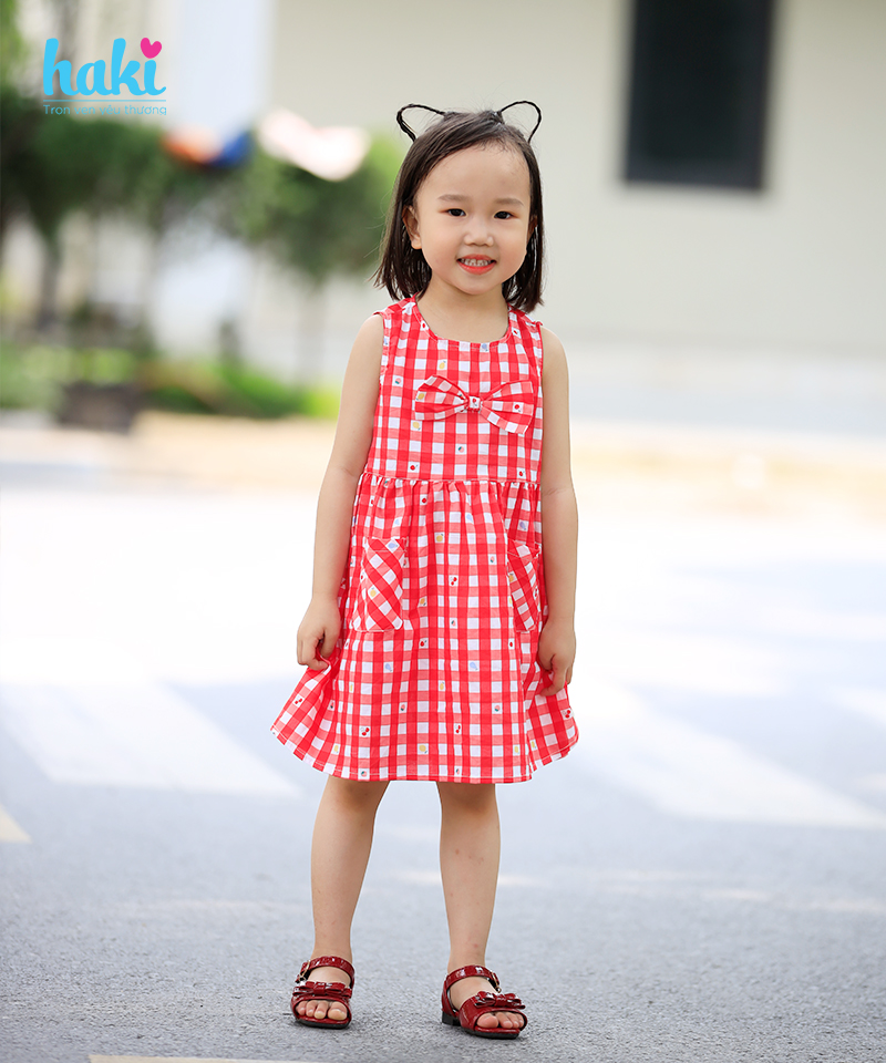 Váy bé gái thô kẻ cổ tròn, đính nơ Haki HK511, đầm thiết kế cho bé gái từ 0-8 tuổi (khoảng 10-27kg), hàng xuất khẩu Canada