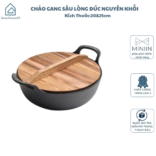 Chảo Nồi Gang Sâu Lòng Đúc Nguyên Khối Size 20cm &amp; 25cm, Tặng Kèm Vung Gỗ - HÀNG CHÍNH HÃNG MINIIN