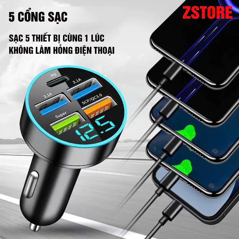 (Mẫu Mới) Cốc Sạc Ô Tô 5 Cổng USB Nhanh – Tẩu Sạc Thông Minh Qualcomm 3.0 Cho Xe 12V-24V