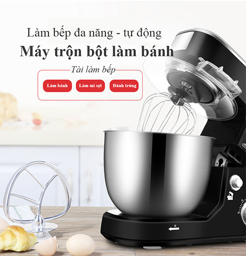 Máy nhồi, trộn, bột đánh trứng nhà bếp làm bánh tự động 5 lít, 3 đầu tiêu chuẩn tặng kèm vá múc bột, có nắp đậy tô an toàn sạch sẽ, Hàng Chính Hãng