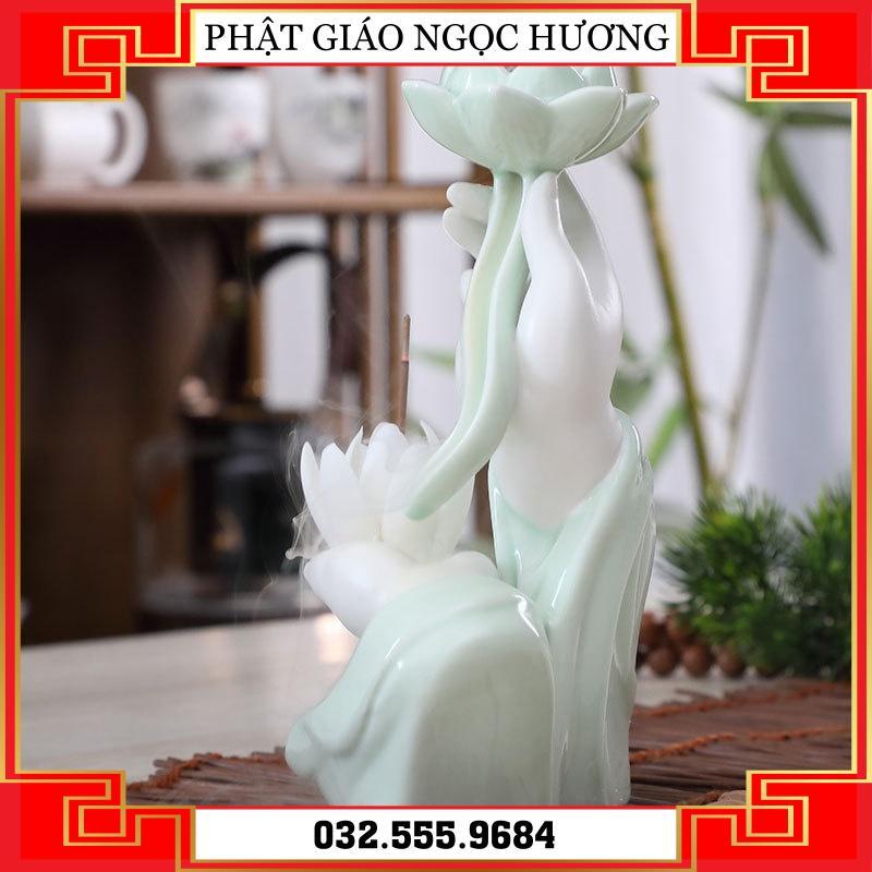 Thác khói Trầm Hương Bàn Tay Phật Cao Cấp - Thủ Ấn Tránh Ác Tarjani Mudra Hoa Sen - Cầm Sen Sứ Trắng Xanh Sen
