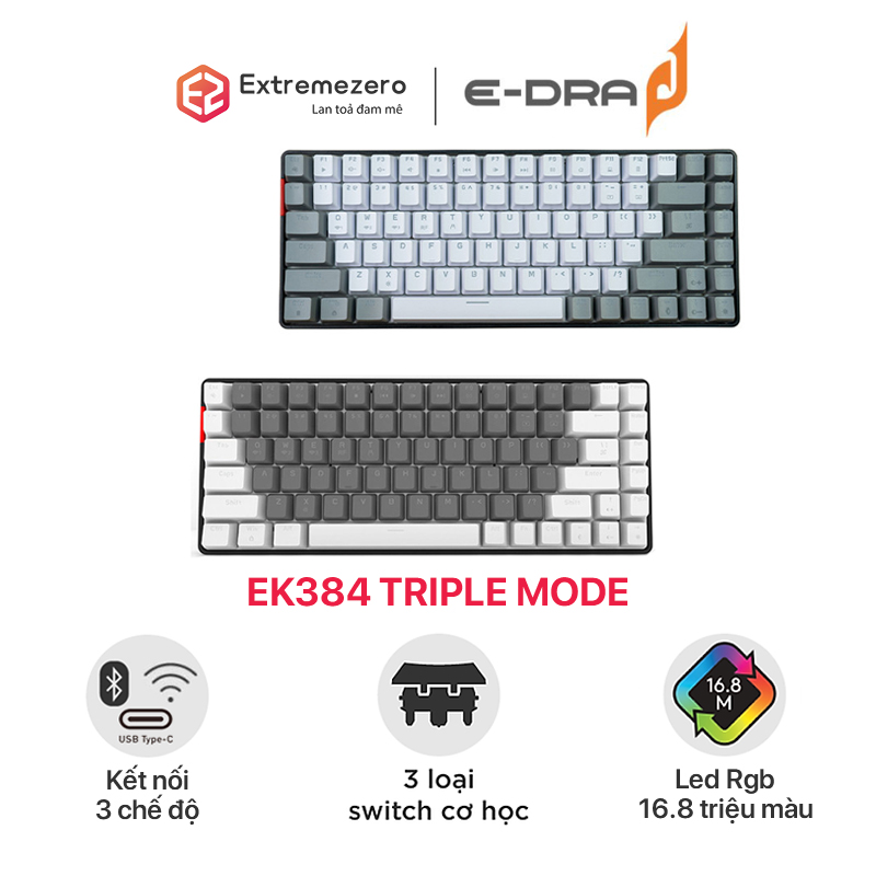 Bàn phím cơ Gaming E-DRA EK384 Triple Mode (Wired/2.4Ghz/Bluetooth) - Hàng chính hãng