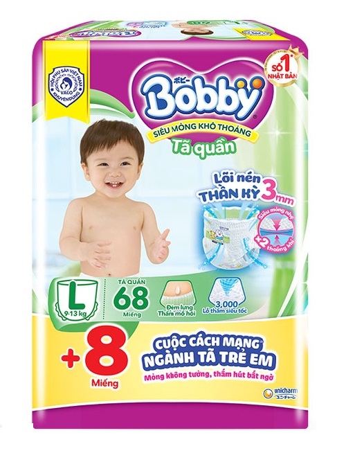 Tã quần Bobby - Đệm Lưng Thấm Mồ Hôi L68 (68 miếng) - Tặng 8 miếng trong gói