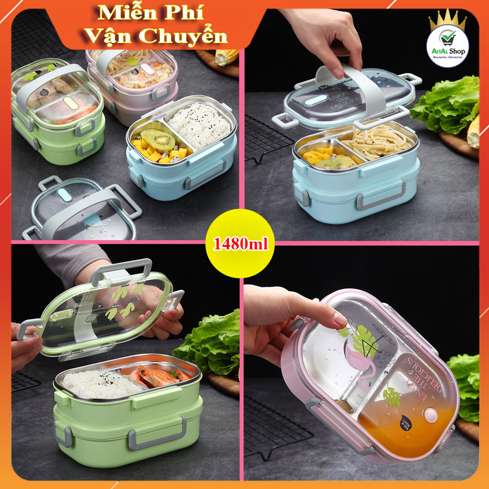 [Đủ Phụ Kiện] Hộp Cơm Giữ Nhiệt 2 Tầng Thiết Kế Chống Tràn Tuyệt Đối Lõi Inox SUS304 Đảm Bảo An Toàn HC02 