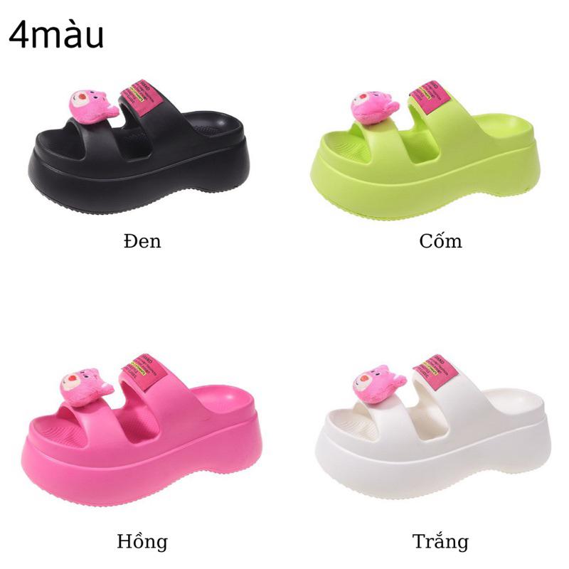 Dép bánh mì 2 quai đế đúc độn cao 6cm đính gấu bông êm chân đi biển đi chơi tăng chiều cao chống nước - DL220 - Hồng gấu