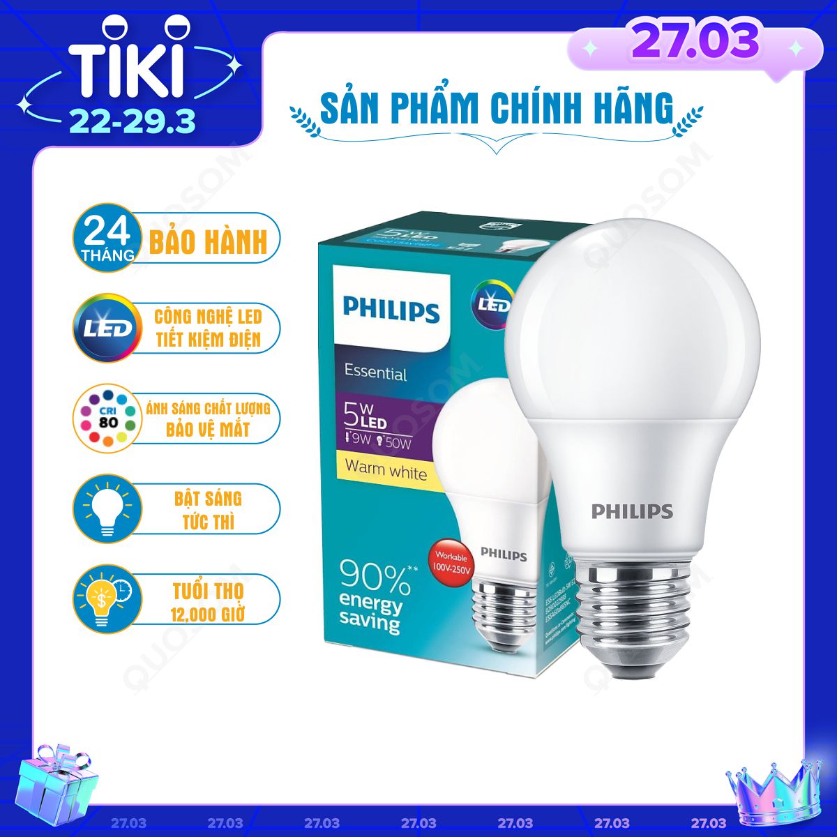 Bóng đèn LED Bulb PHILIPS Essential E27 - Tiết kiệm điện, Ánh sáng chất lượng cao - Hàng Chính Hãng