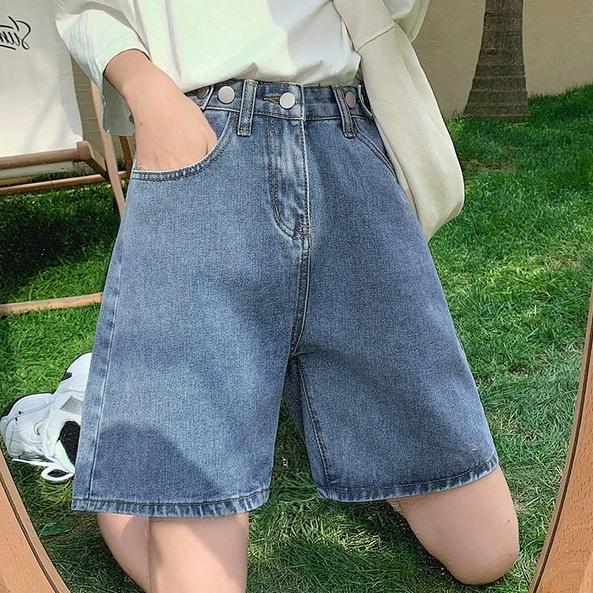 Quần short jean đai chỉnh eo, quần sooc bò ống rộng lưng cao có đai chỉnh eo tiện lợi