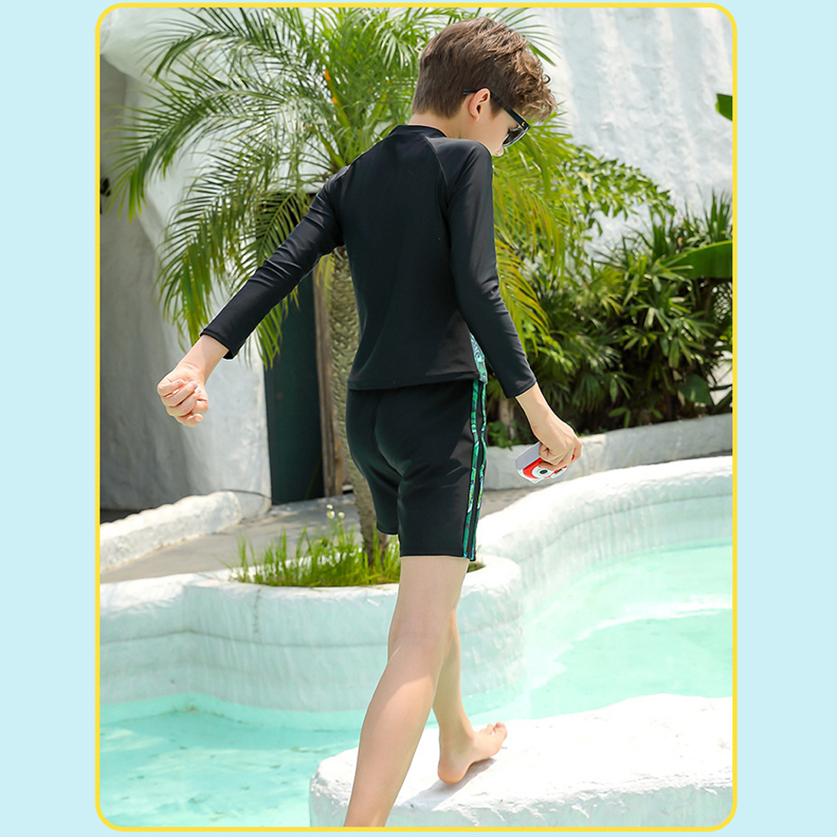 Đồ bơi bé trai tay dài kiểu dáng thể thao chống nắng set 3 món kèm quần đùi và quần dài size từ 17kg đến 40kg