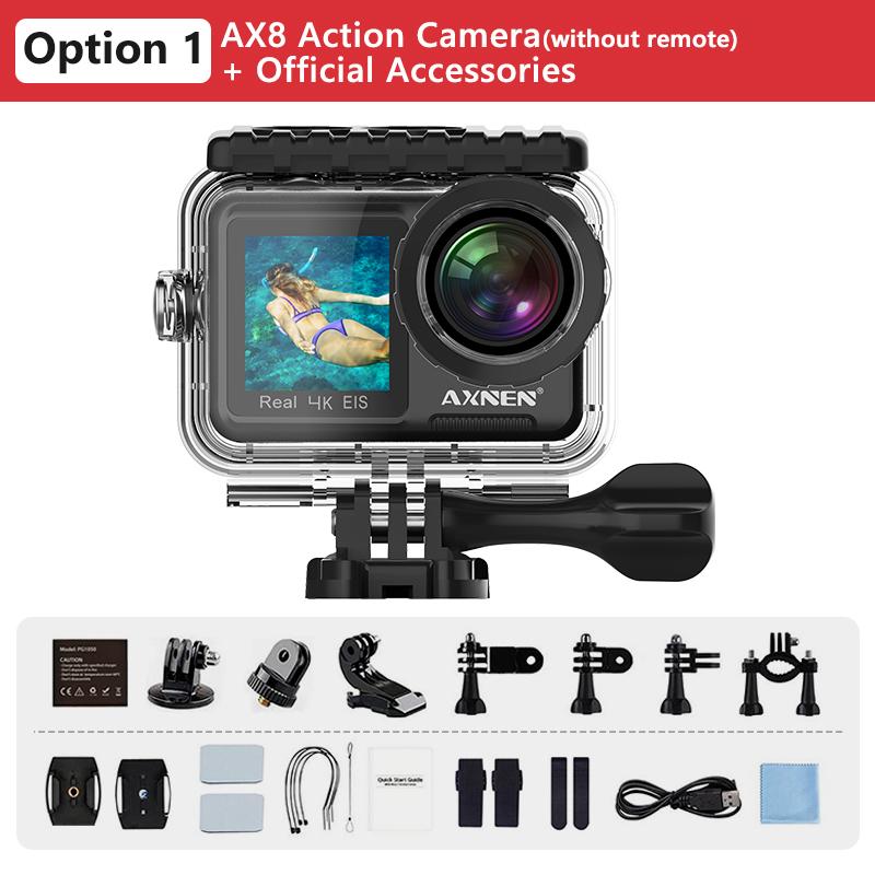 Axnen AX8 4K Action Camera camerproof Cam 4K60fps EIS Sports Video Ghi lại 20MP Hiển thị kép 2 inch Màn hình cảm ứng 1080p webcam