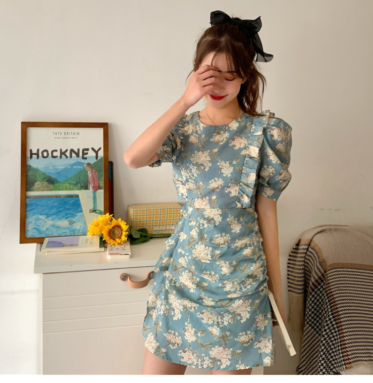 ĐẦM HỌA TIẾT MÀU XANH XẾP LY DH061