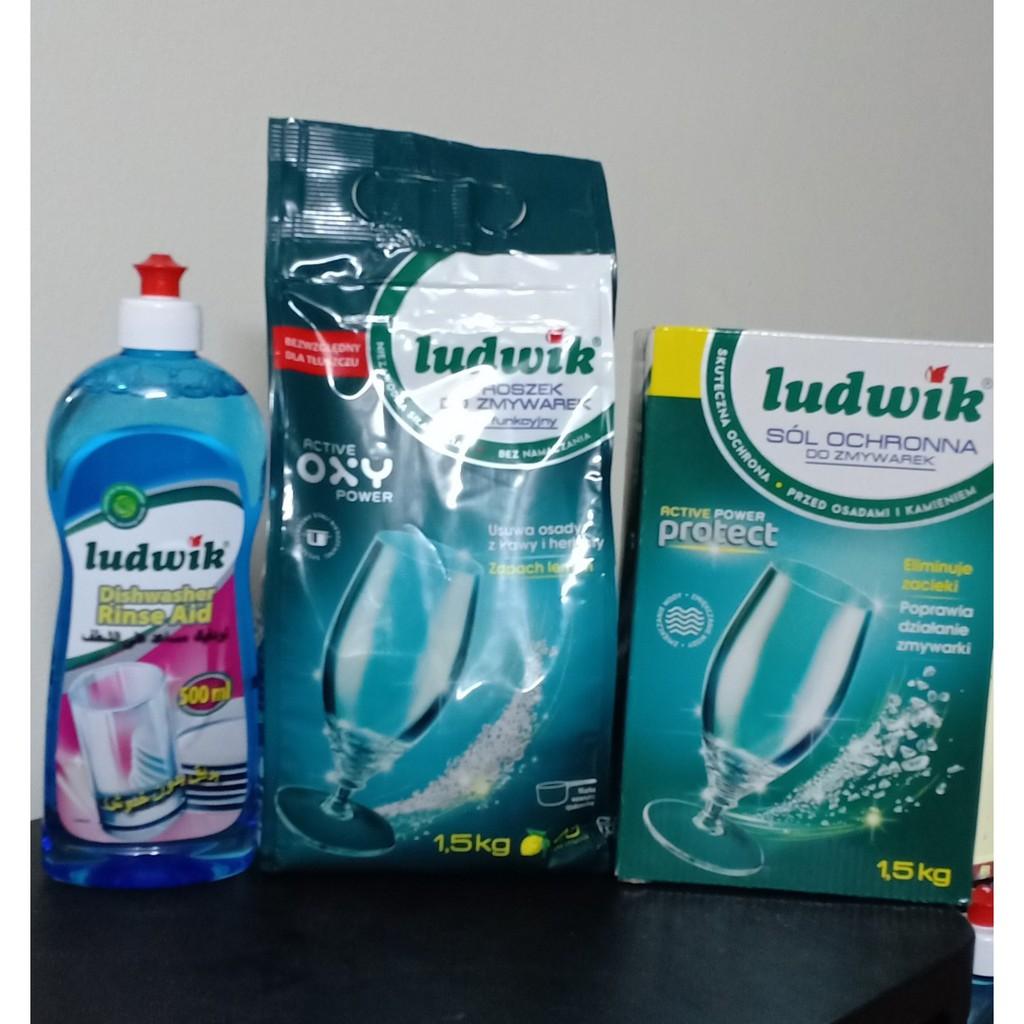 Combo Muối rửa bát lUDWIK 1,5kg+bột LUDWIK 1.5kg+Bóng 500ML dùng cho máy rửa bát