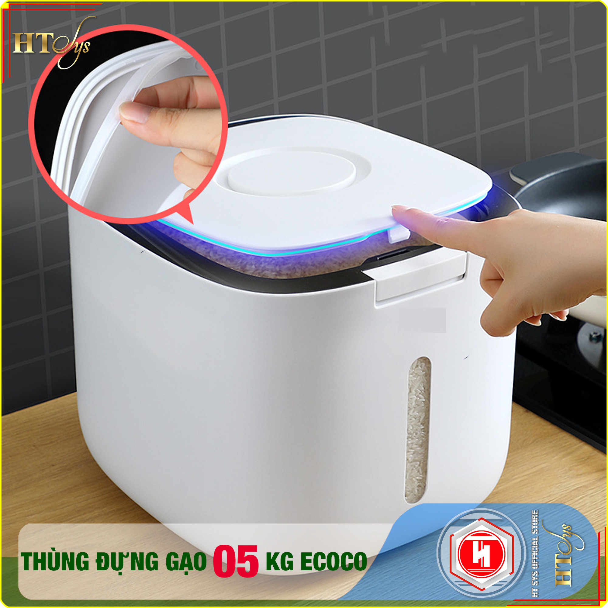 Thùng đựng gạo thông minh 5KG-HT SYS - ECOCO-E2029-Thiết kế dạng nhấn nút-Chống kiến, chống ẩm, chống mọt-Chất liệu ABS cao cấp + 01 Sét móc vàng tài lộc + 04 Khăn Lau [ Hàng Nhập Khẩu ]