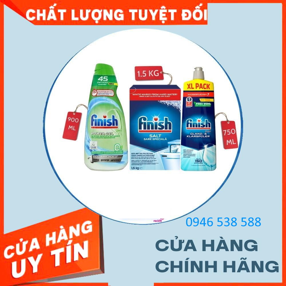 Combo rửa bát Finish: Gel Classic chai 1,5 lít, Bóng chai 750ml, Muối hộp 4kg,   - Chính Hãng