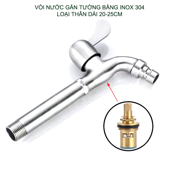 Vòi nước lạnh bằng inox 304 gắn tường thân dài 20cm-25cm tùy chọn (DN15 lắp cho ống D21)