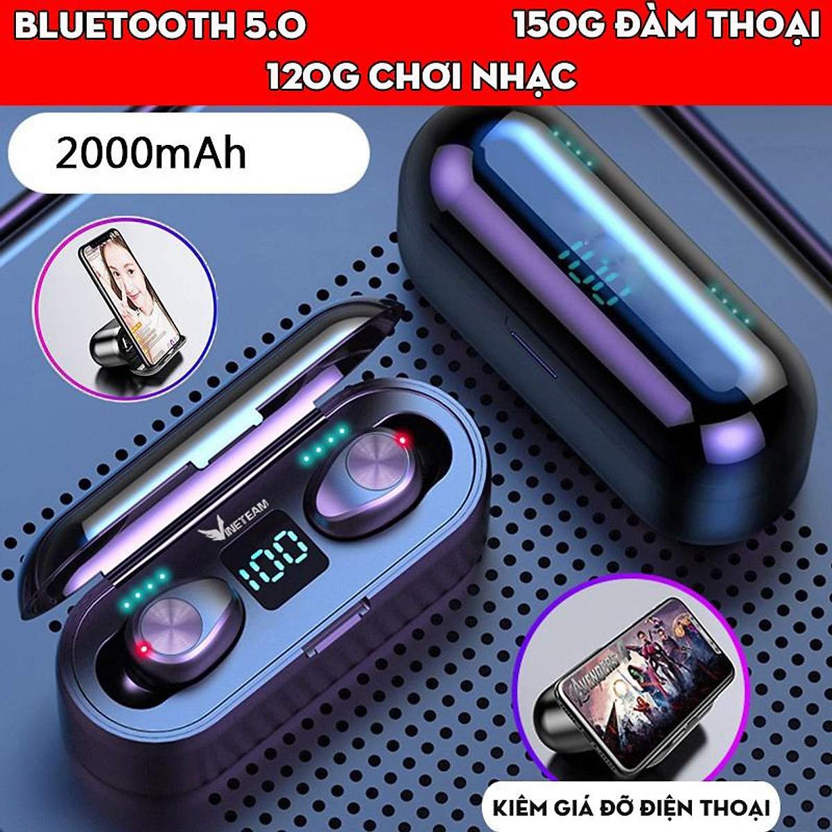 Tai nghe TWS Bluetooth Không Dây  5.0 F9 Mini kèm Hộp sạc kiêm Sạc dự phòng