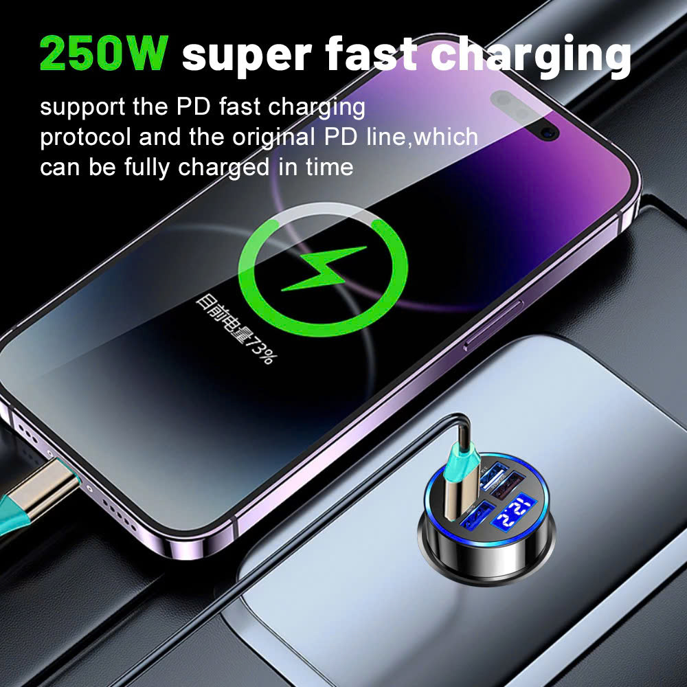 Tẩu Sac Nhanh QC3.0 + PD Cho Xe Máy ÔTô – 4 Cổng , Sạc An Toàn Thông Minh ĐÈN LED TRANG TRÍ