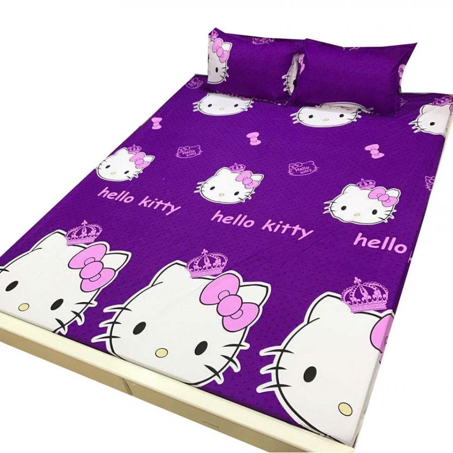 Set 5 món chăn hè ga chun Cotton Poly kitty tím