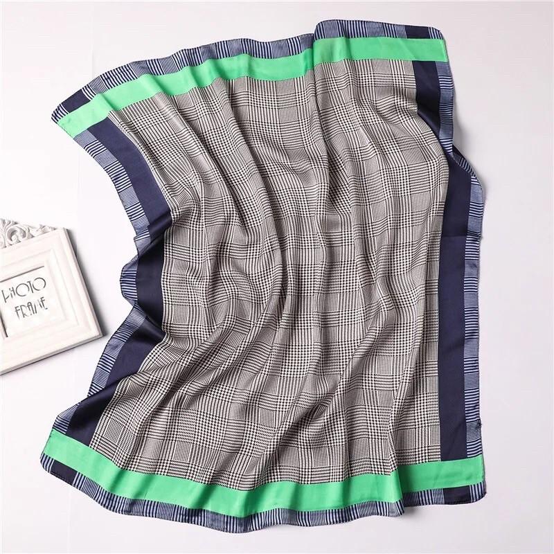 Khăn turban lụa vuông choàng cổ size 70x70cm thanh lịch phong cách nữ tính đa năng dùng làm áo yếm in sọc caro