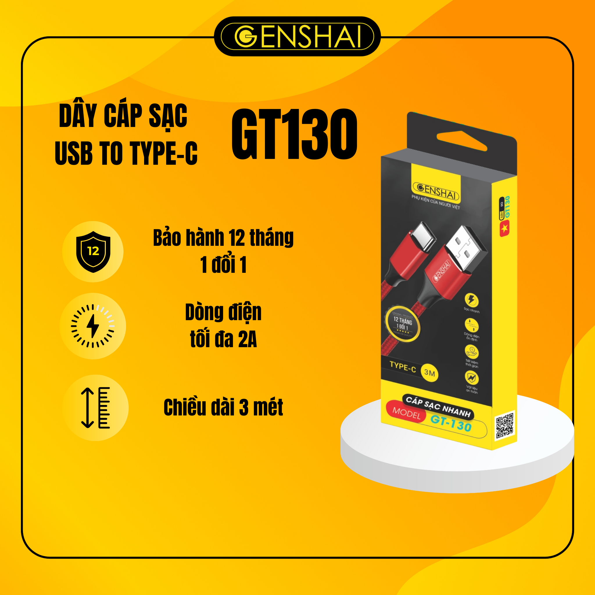Cáp sạc Type C hàng chính hãng GENSHAI GT130 dây dù 3m IBảo hành 12 tháng 1 đổi 1I Made in Việt Nam