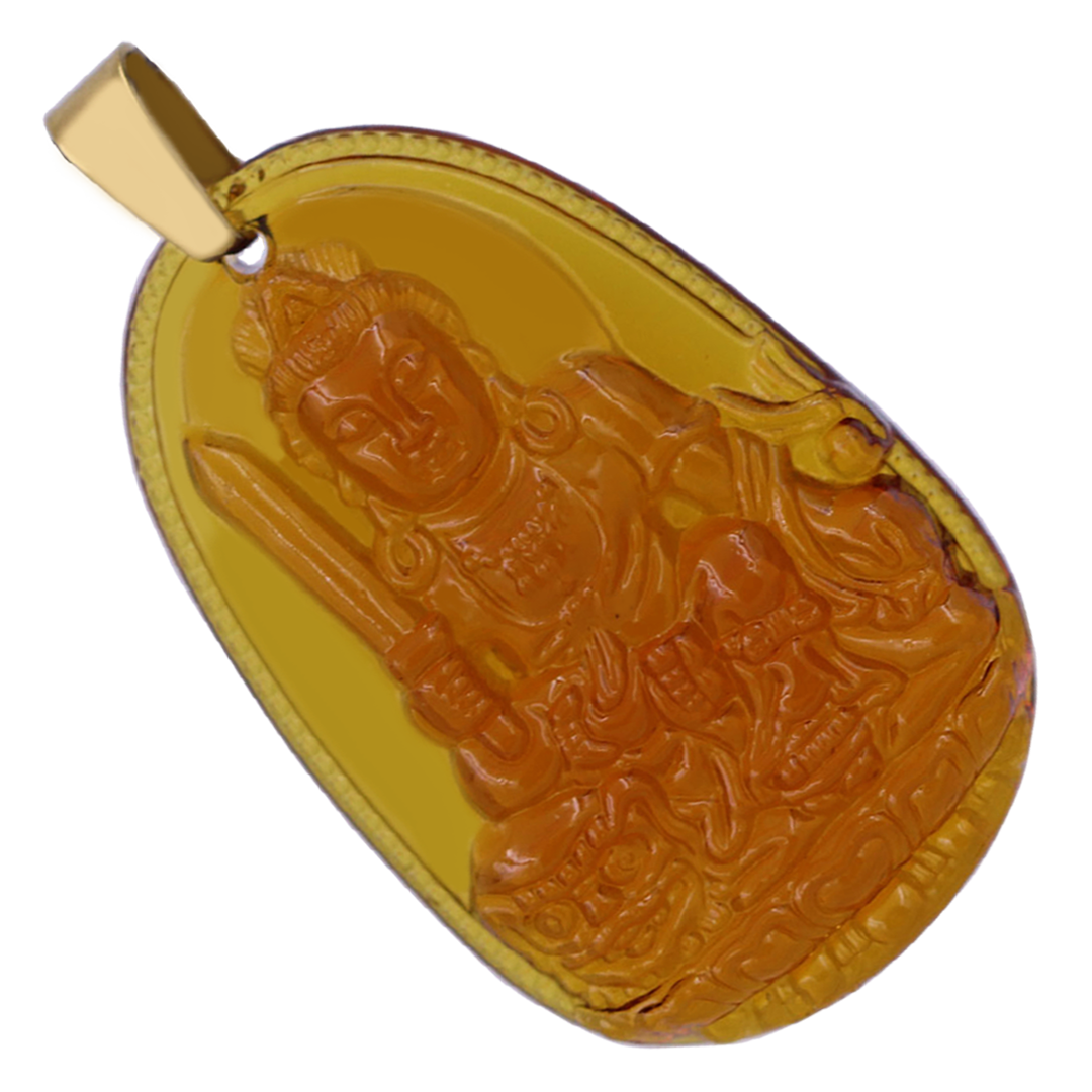 Mặt Phật Văn thù 5 cm  pha lê trà kèm móc và dây chuyền inox vàng, Mặt Phật bản mệnh