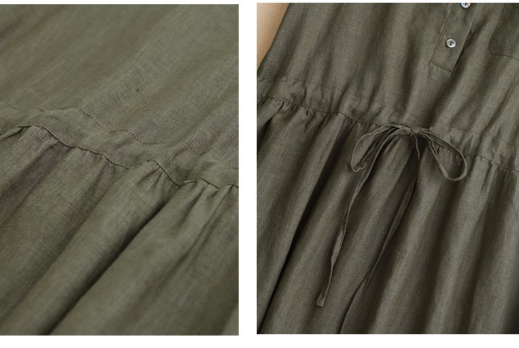 Đầm linen dáng suông  cổ V cách điệu có kèm dây rút eo tôn dáng thời trang trẻ trung màu Xanh Rêu Da218
