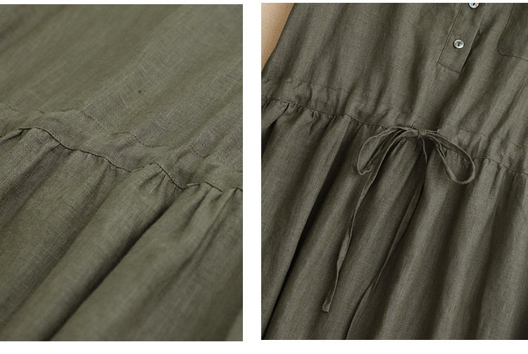 Hình ảnh Đầm linen dáng suông cổ V cách điệu, có dây rút bo eo thời trang trẻ trung màu Xanh Rêu D218