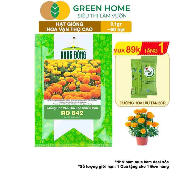 Hạt Giống Hoa Vạn Thọ Cao Nhiều Màu GreenHome, Gói 0,1g~60 hạt, Dễ Trồng Quanh Năm, Hoa To H20