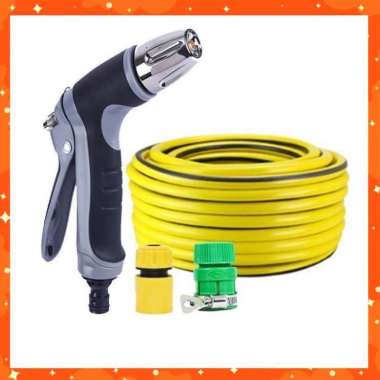 Bộ dây vòi xịt nước rửa xe, tưới cây tăng áp 3 lần cút nhựa nối nhựa vàng loại 15m 206817