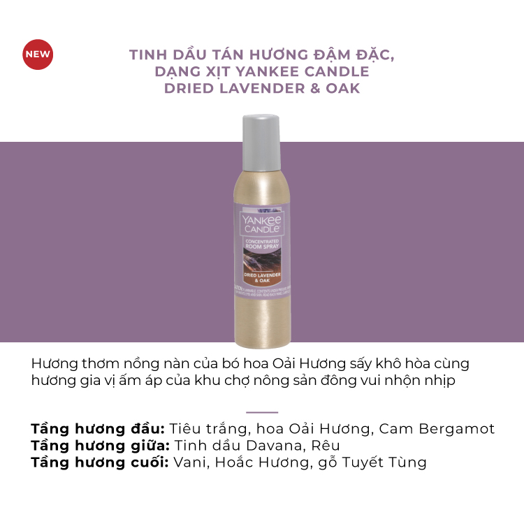 Tinh dầu tán hương đậm đặc dạng xịt Yankee Candle - Dried Lavender & Oak