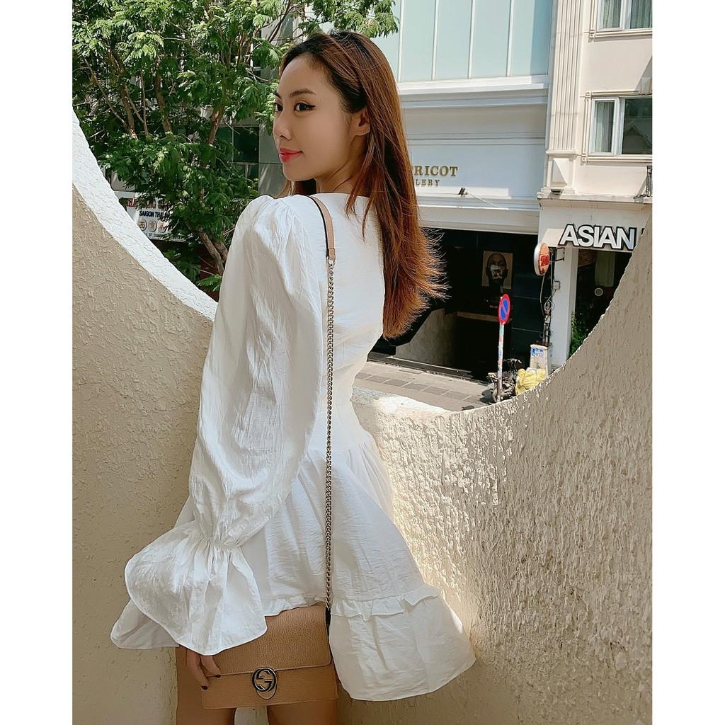 Đầm đũi gân trắng thắt nơ ngực