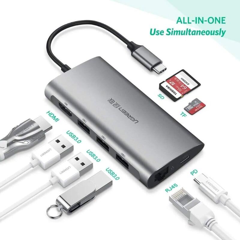 Ugreen UG50516CM121TK 15CM màu Bạc Bộ chuyển đổi TYPE C sang 3 USB 3.0 + HDMI + LAN + TF SD + nguồn TYPE C vỏ nhôm - HÀNG CHÍNH HÃNG