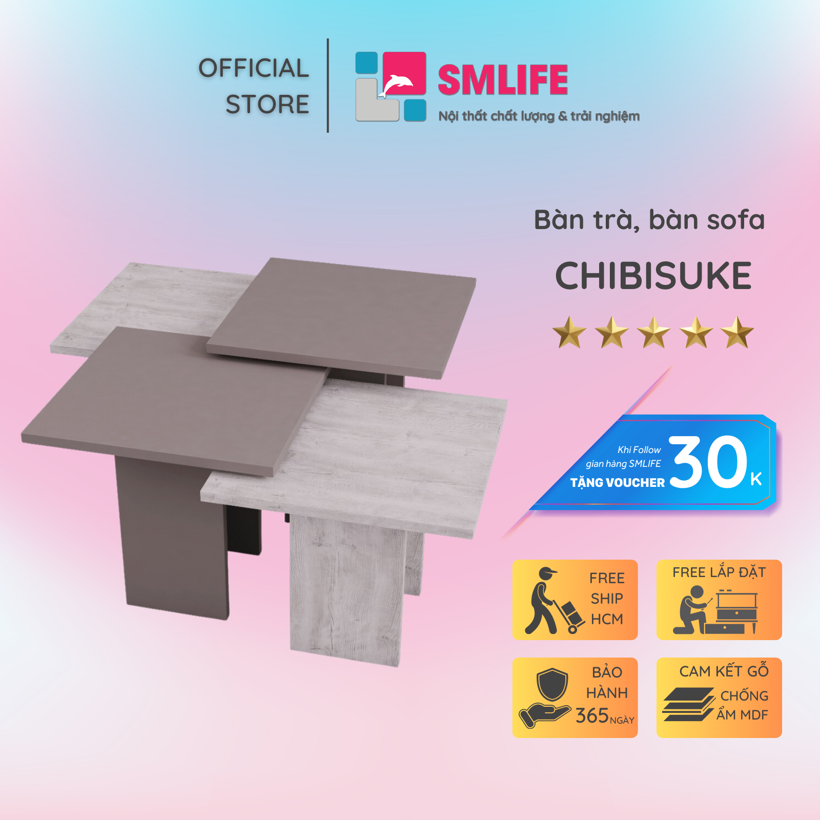 Bàn trà gỗ hiện đại SMLIFE Clark | Gỗ MDF dày 17mm chống ẩm | D80xR80xC45cm