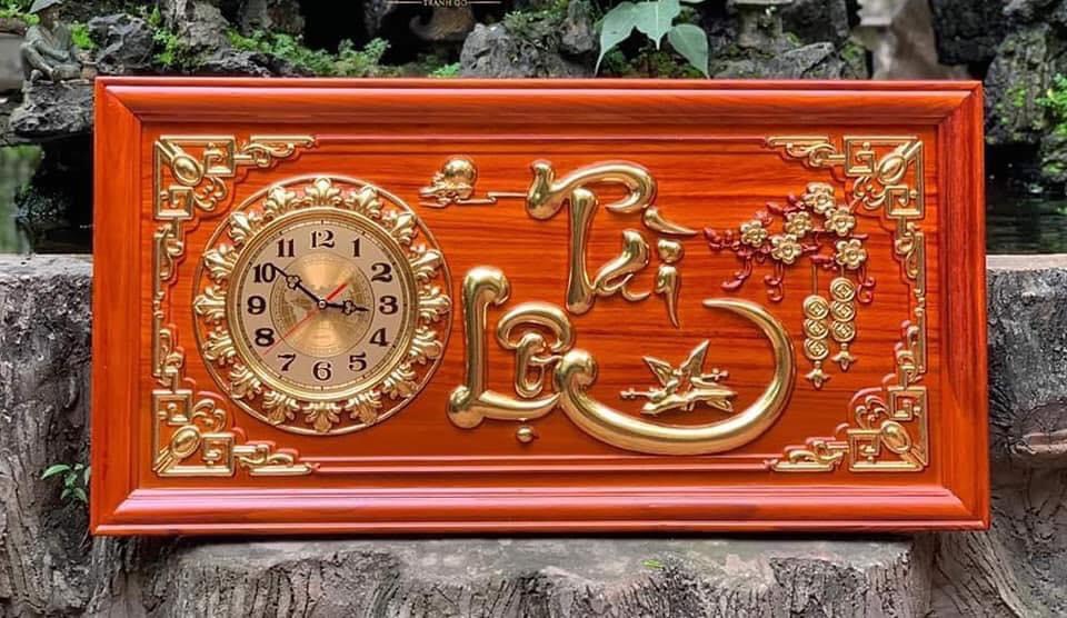 Tranh đồng hồ treo tường chữ tài lộc bằng gỗ hương đỏ kt 48×108×4cm