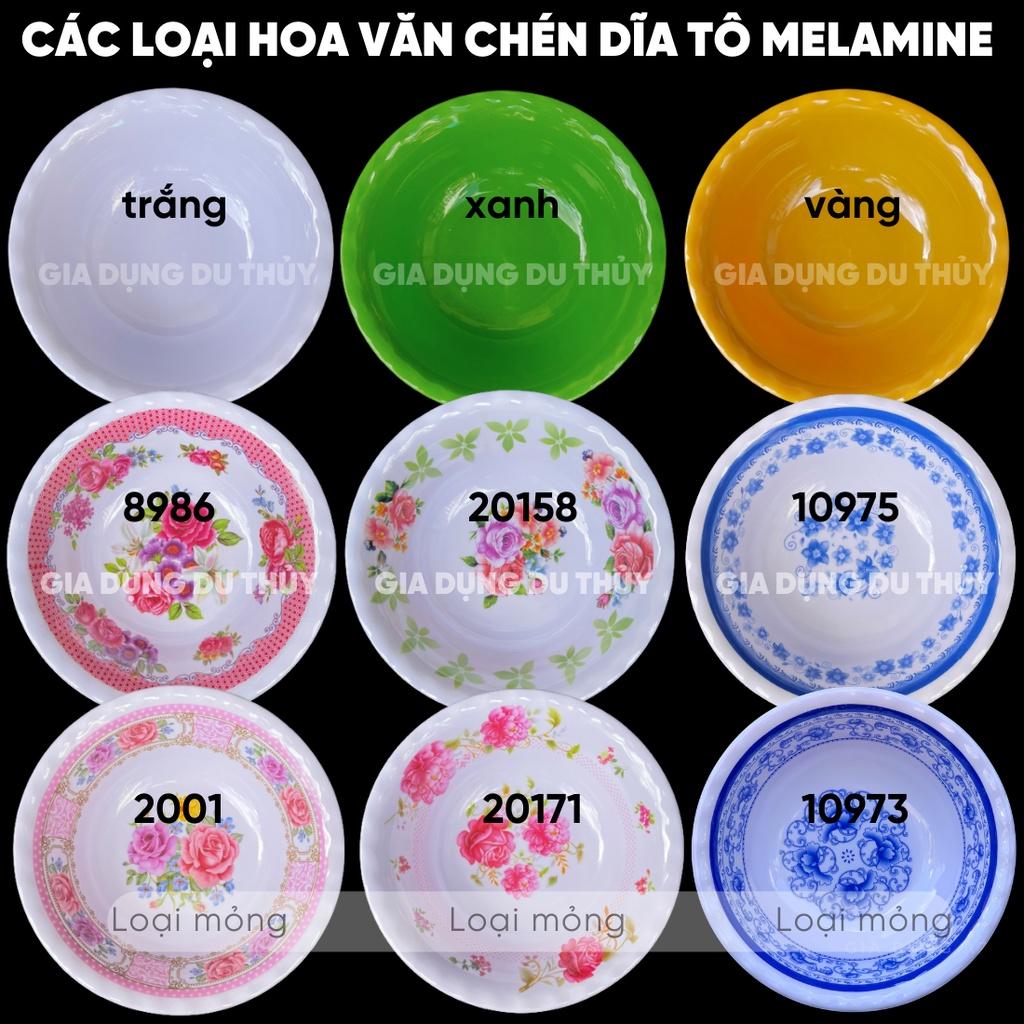 Dĩa Nhựa Melamine Đáy Sâu Màu Trắng, Vàng, Xanh, Bông Xanh, Bông Đỏ Chất Liệu Nhựa Phíp