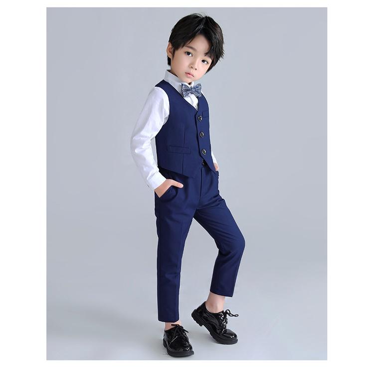 Bộ ghile vest bé trai xanh TQB053 gồm 3 chi tiết (áo ghile + áo vest + quần tây) tặng kèm nơ