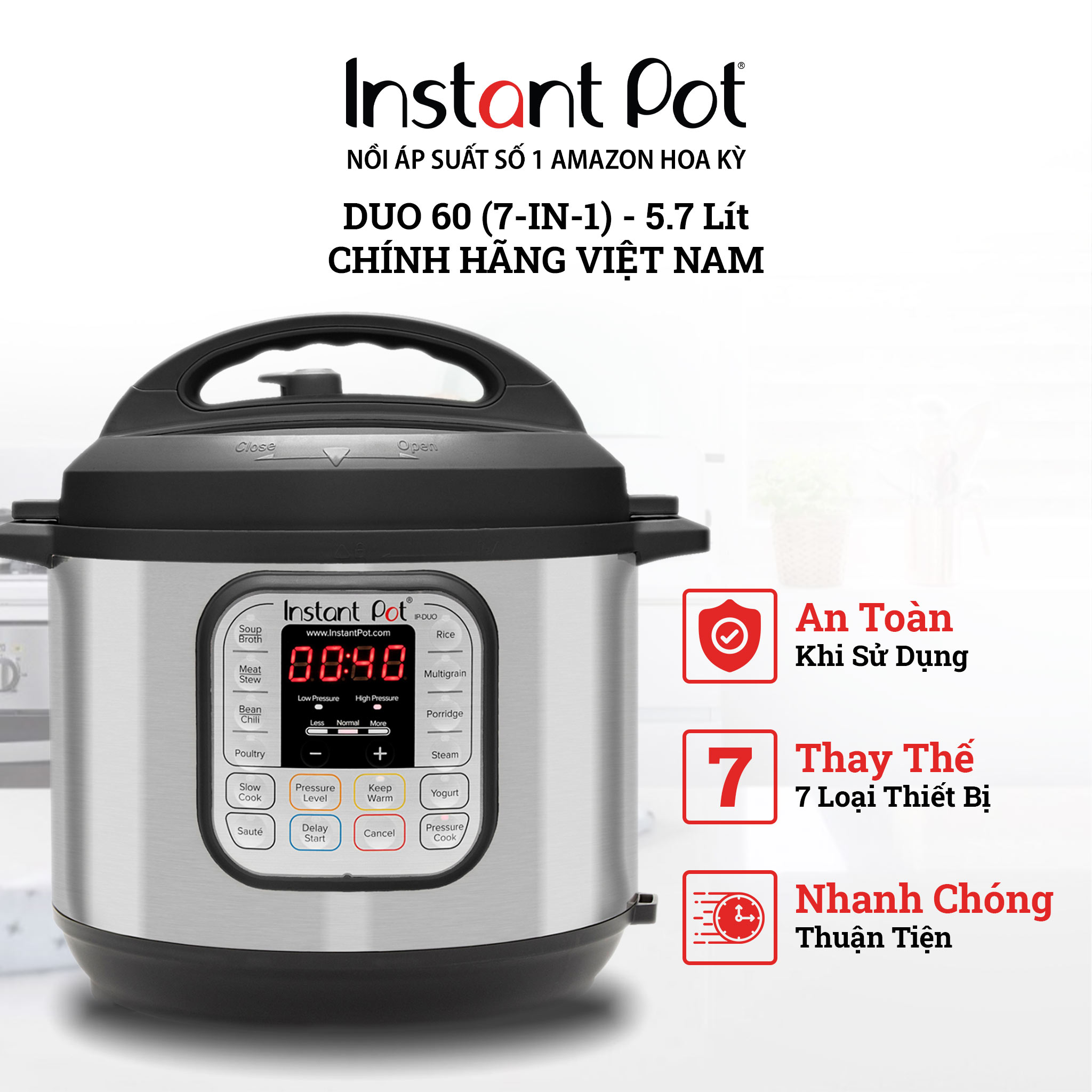 NỒI ÁP SUẤT ĐIỆN ĐA NĂNG, INSTANT POT, DUO 60 7in1, (6 QT/5.76 L), PHIÊN BẢN CHÂU Á 220V/50Hz- HÀNG CHÍNH HÃNG