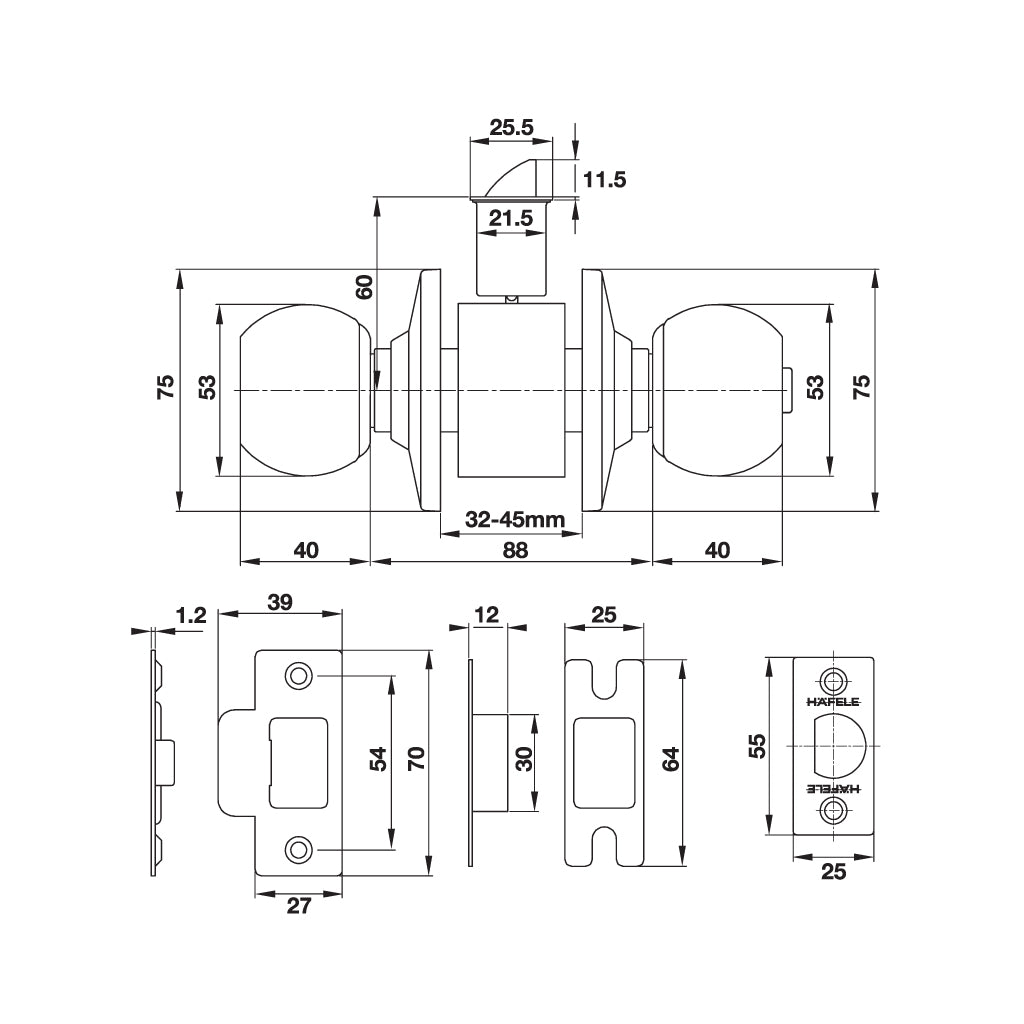 Khóa tay nắm tròn Hafele, khóa cửa gỗ - 489.93.130