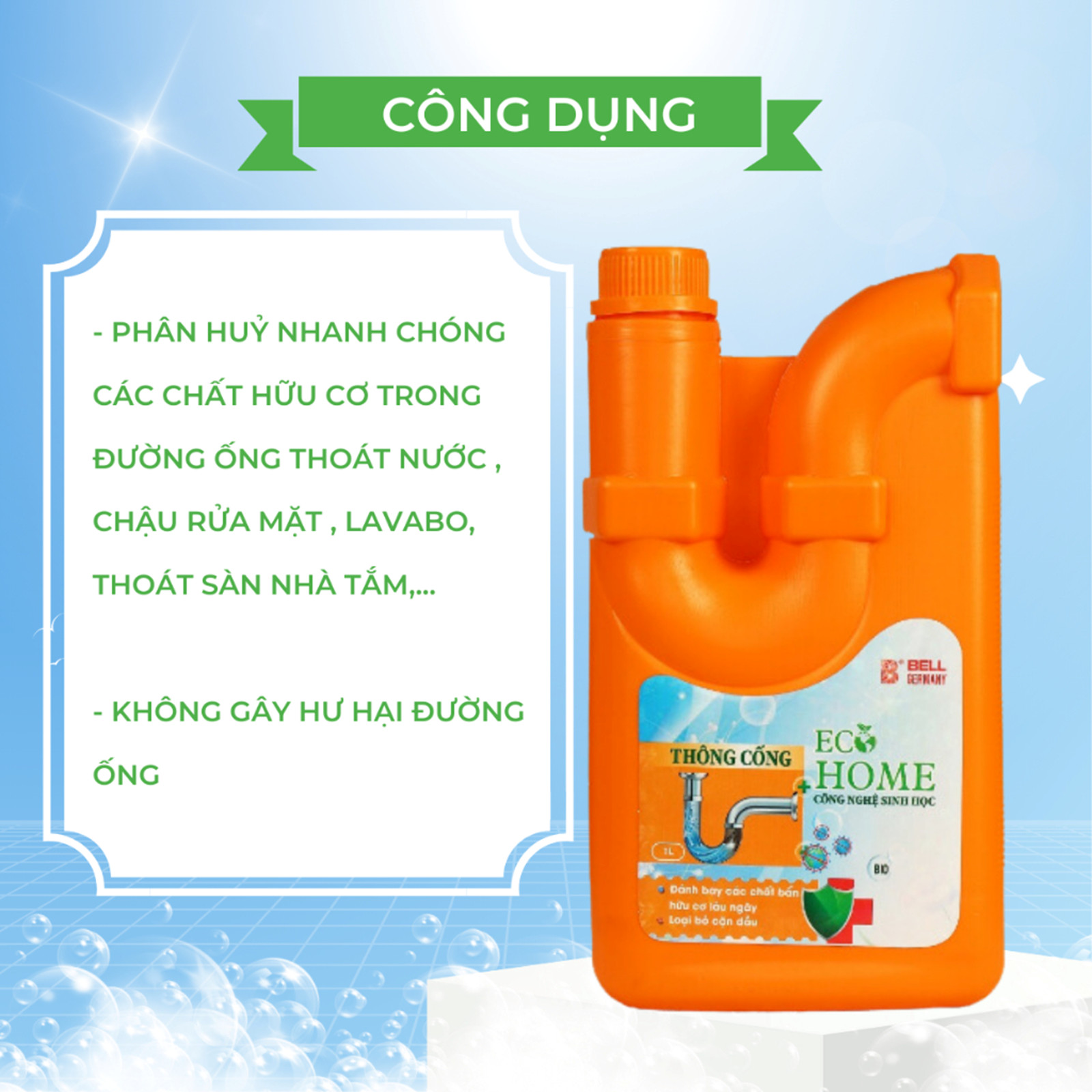 Nước Thông Cống Công Nghệ Sinh Học ECOHOME 1 Lít Giúp Phân Hủy Nhanh Chóng Các Chất Hữu Cơ Trong Đường Ống Thoát Nước