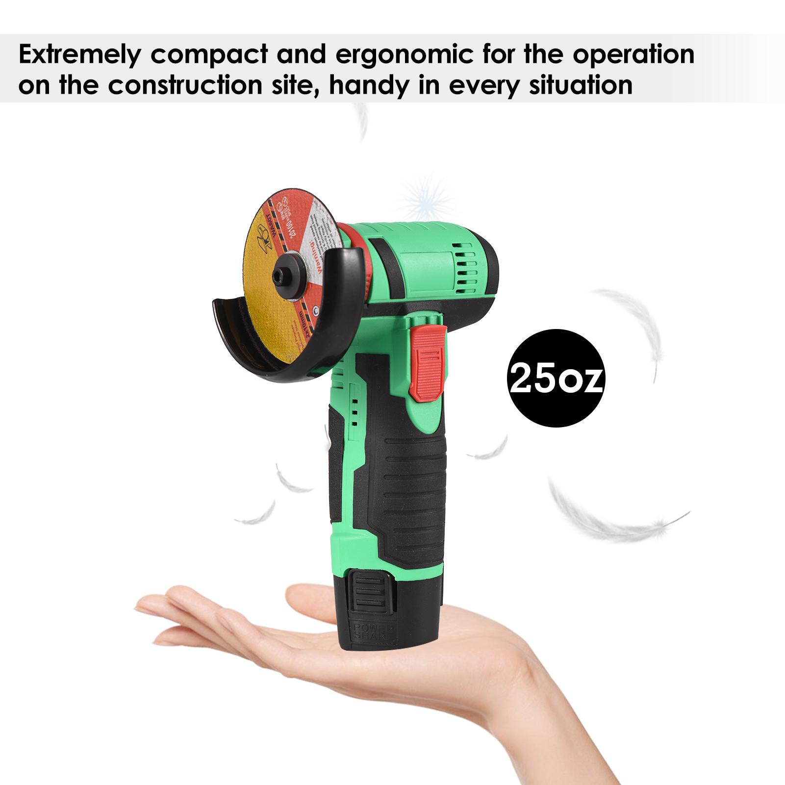 12V Cordless Angle Grinder Tool Kit Portable Lithium Electric Angle Grinder 19500rpm Mini Rechargeable Power Cutter with 2pcs Batteries 2pcs Grinding Discs for Grinding Polishing Cutting Rust Removing