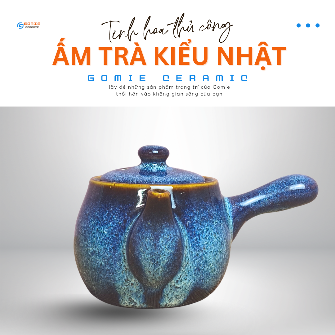 Ấm Trà Kiểu Nhật Men xanh hỏa biến - Ấm trà có tay cầm dài men hỏa biến - Gốm sứ cao cấp Bát Tràng