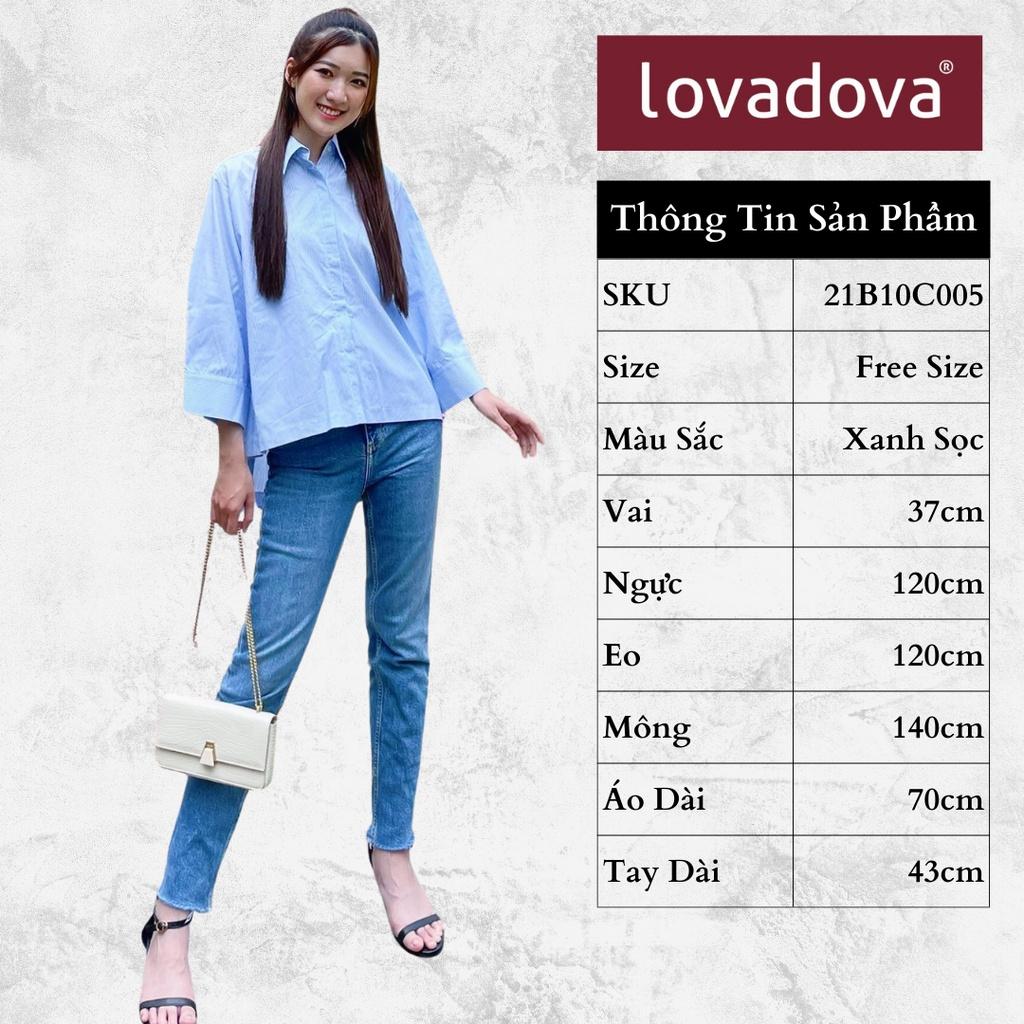 Áo Sơ Mi Nữ, Dài Tay, Cách Điệu Đuôi Tôm, Màu Xanh Sọc - Lovadova 21B10C005